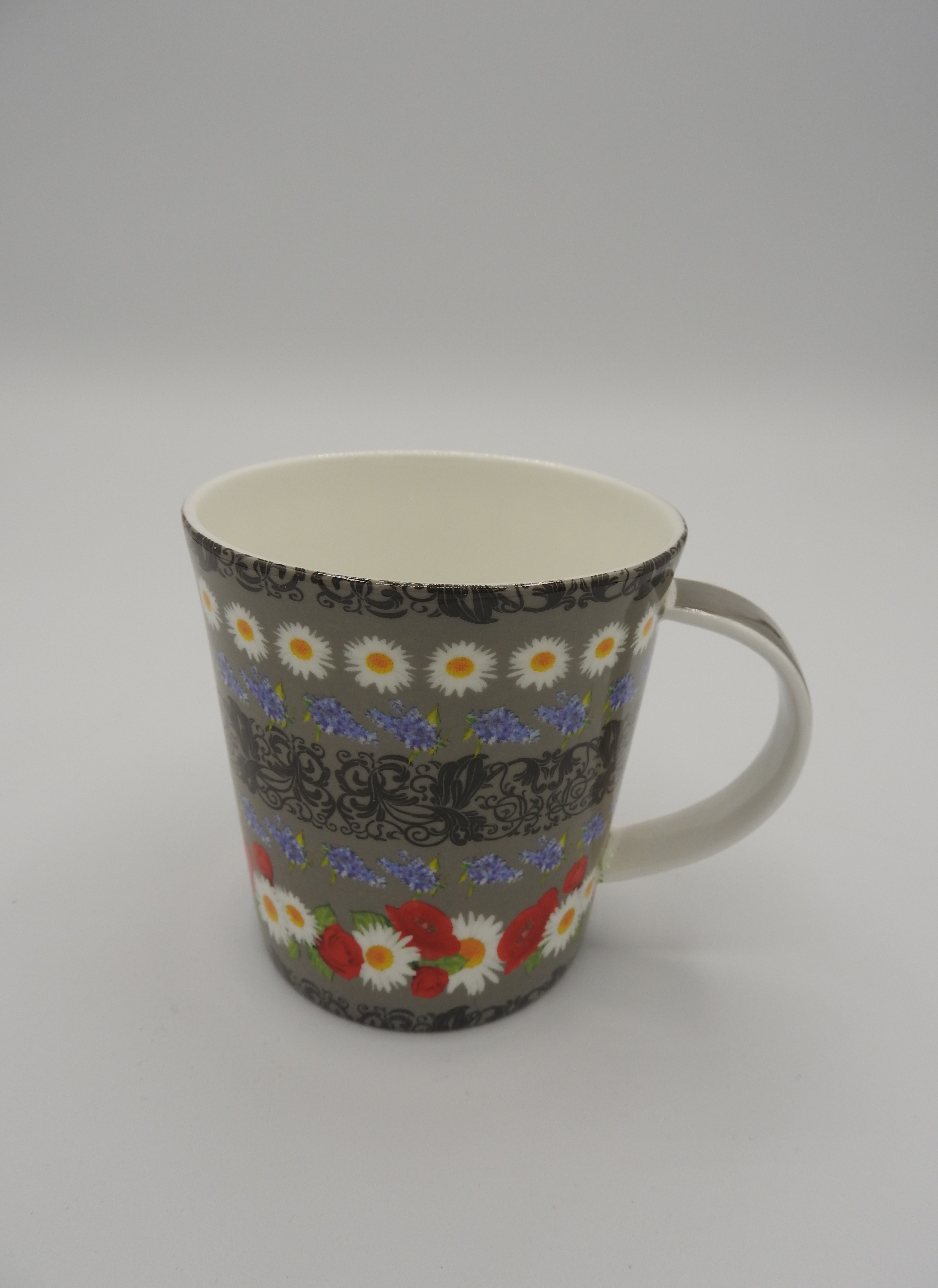 Tasse Brillantporzellan Modern - Dekor grau mit Blumen